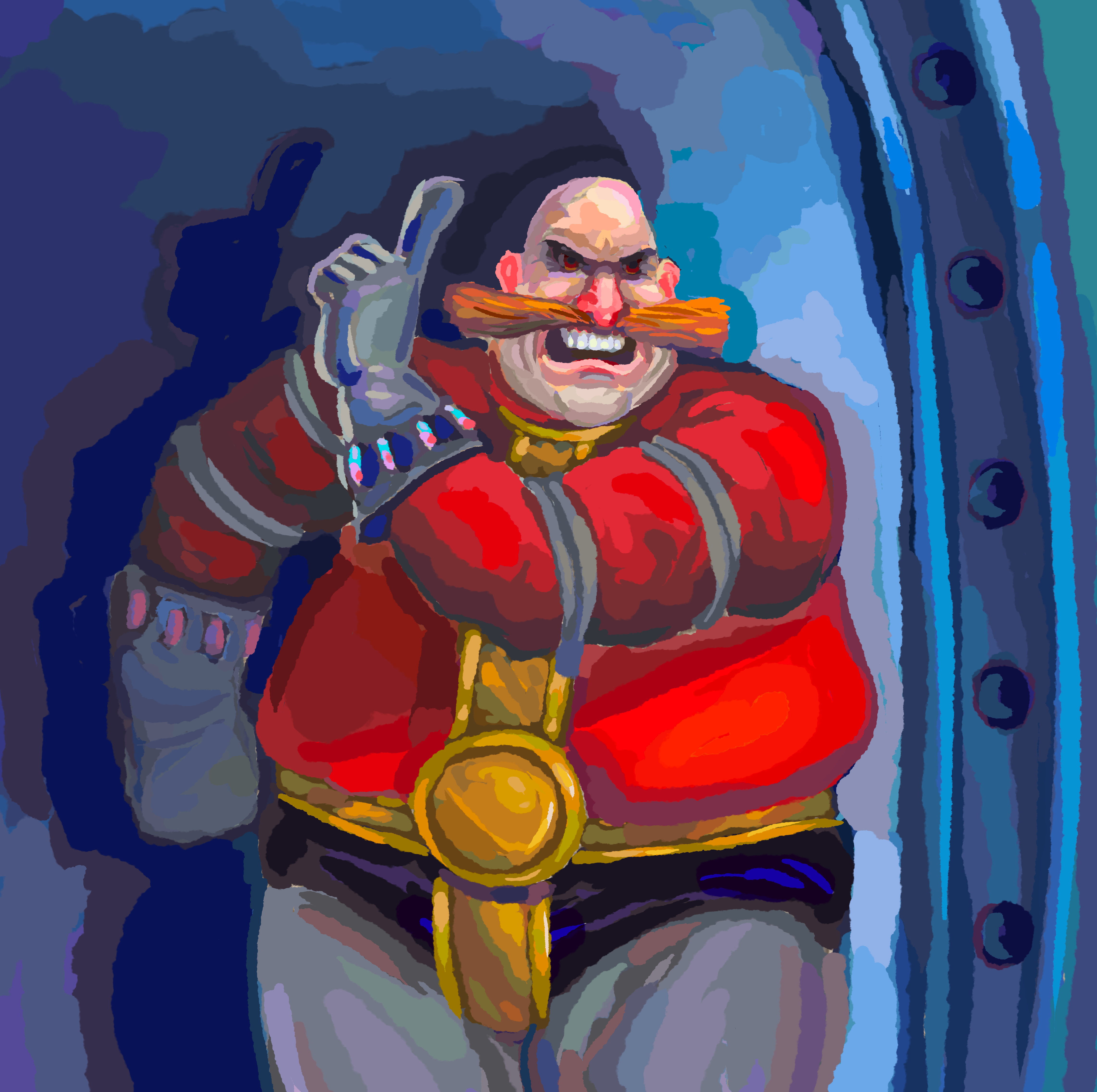 A painting by Avital Shtapura of Dr. Robotnik from *The Adventures of Sonic The Hedgehog* being so proud of his dastardly scheme that he promotes himself.